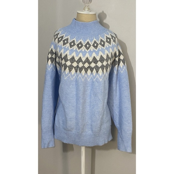 Jones New York Sweaters - Women's Light Blue Fair Isle Nordic Geometric Knit Mock Neck Sweater Size Large